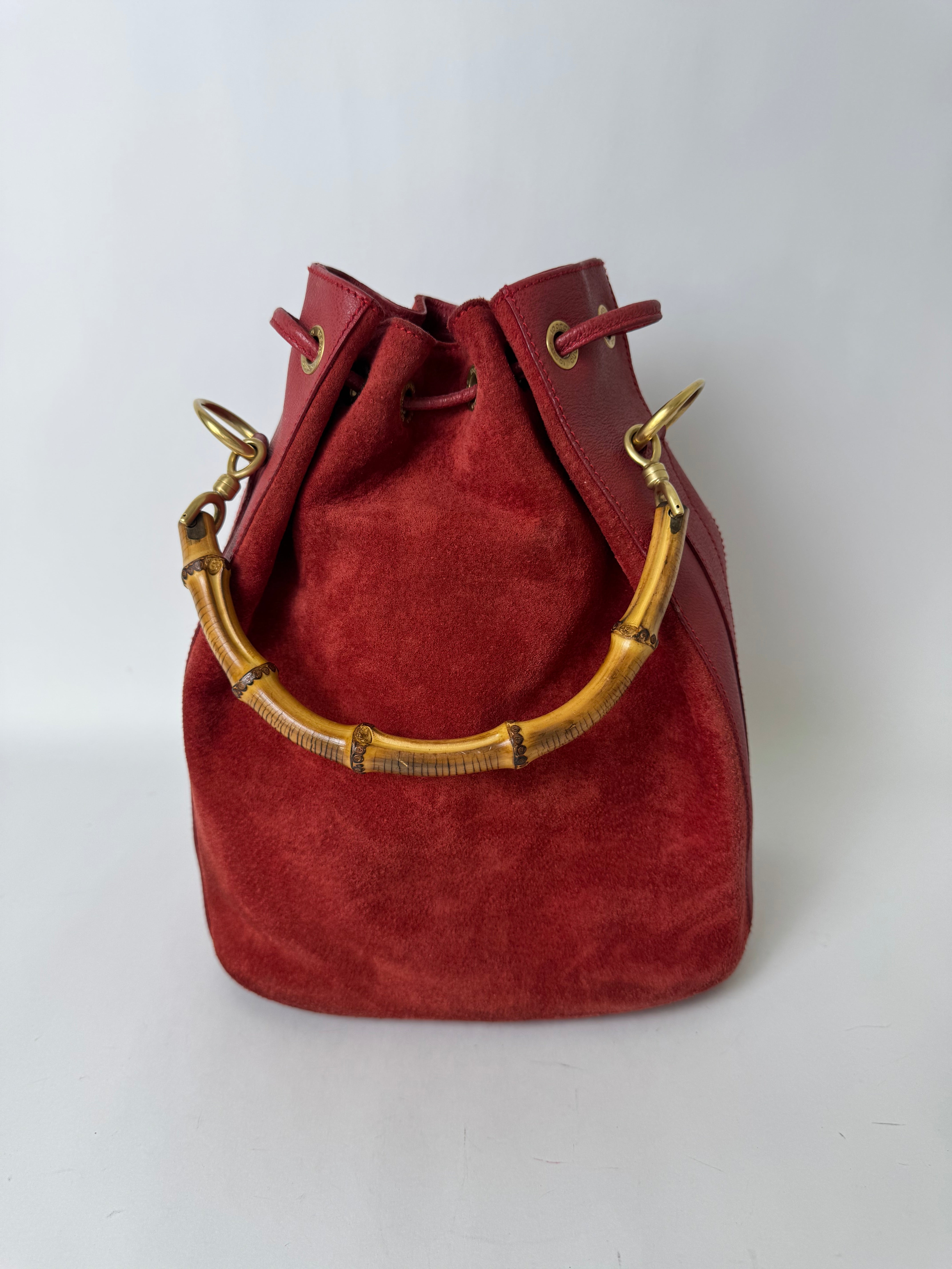 Gucci Red Suede Bamboo Handle Bag