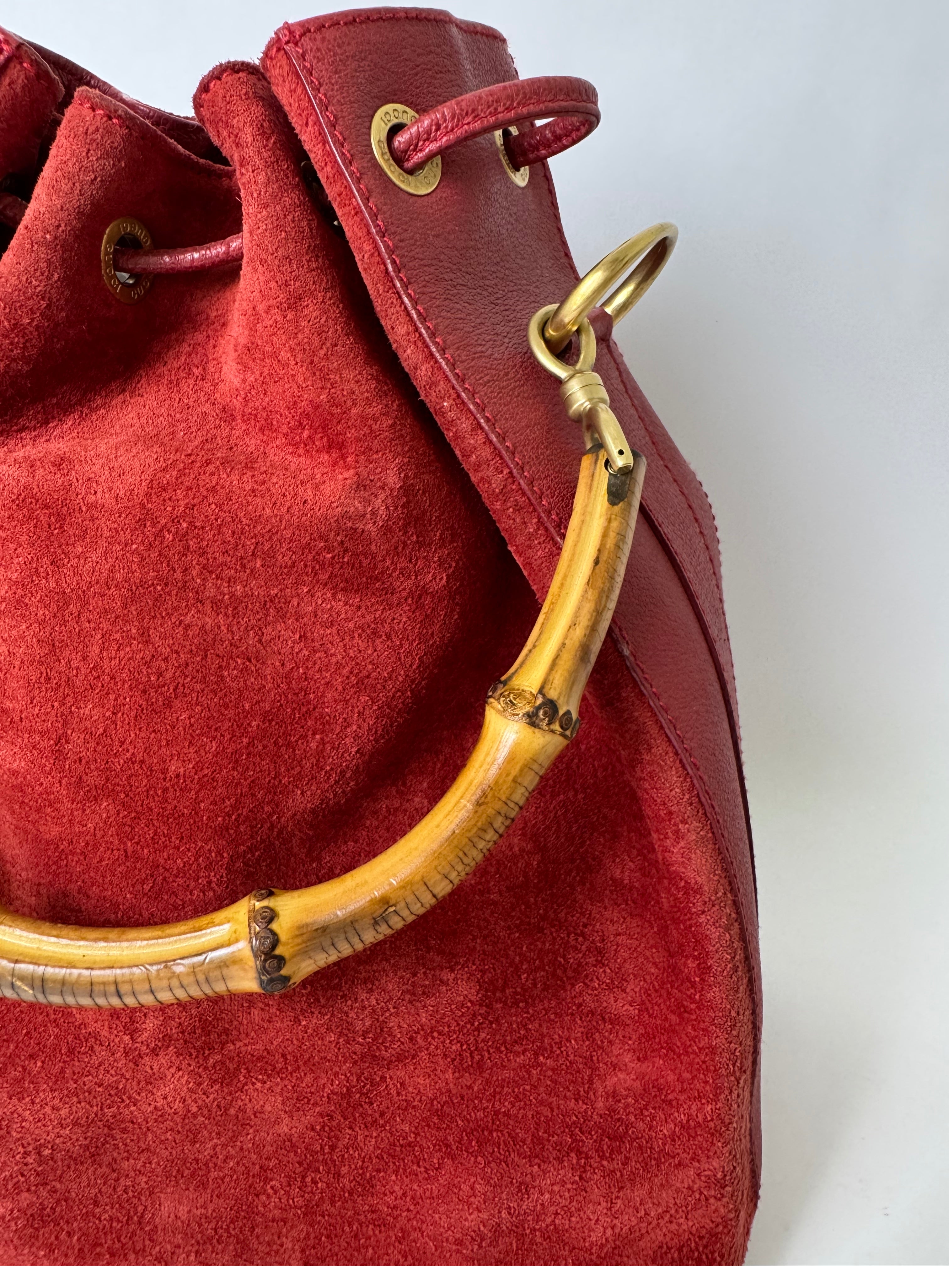 Gucci Red Suede Bamboo Handle Bag