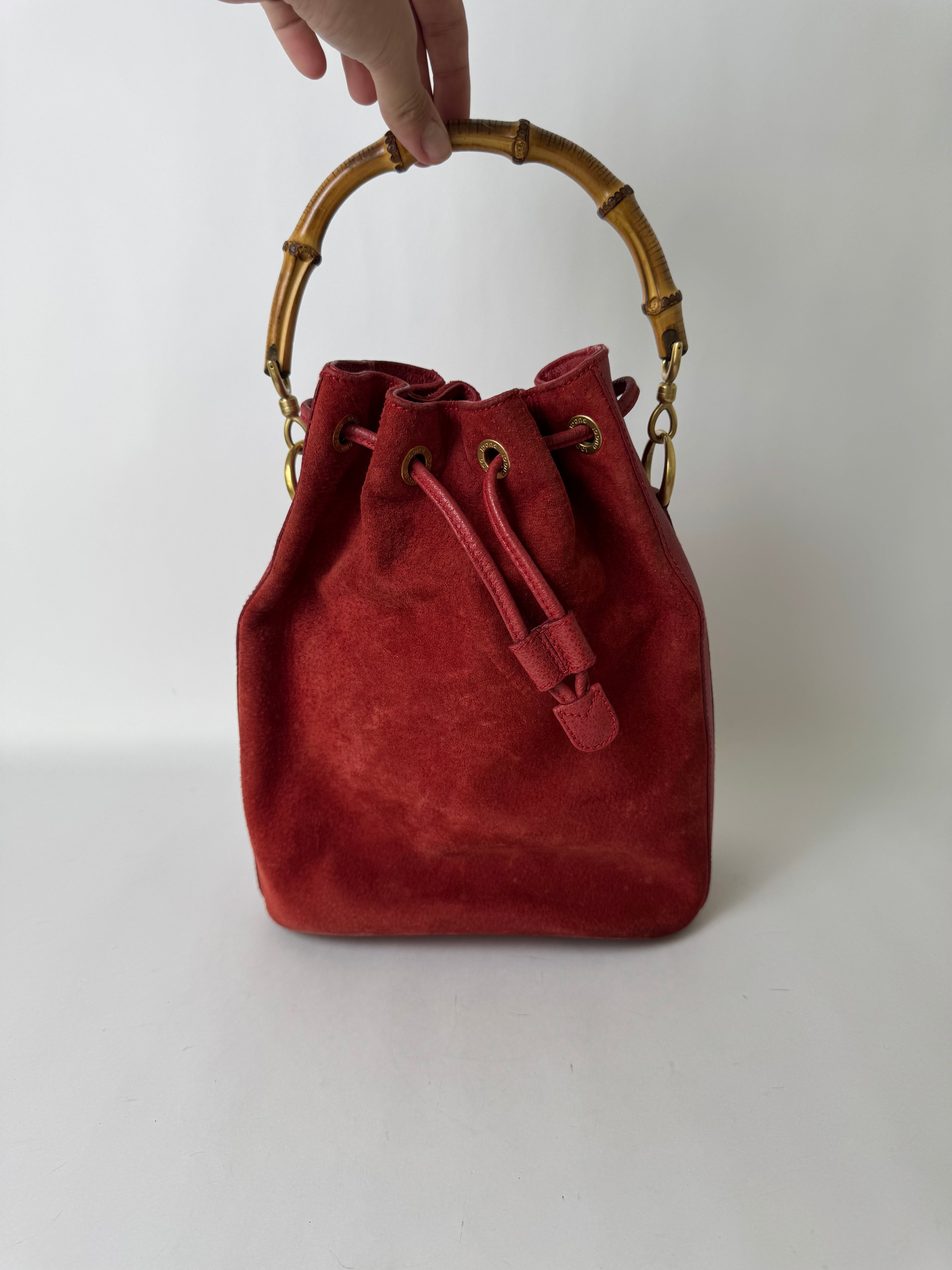 Gucci Red Suede Bamboo Handle Bag