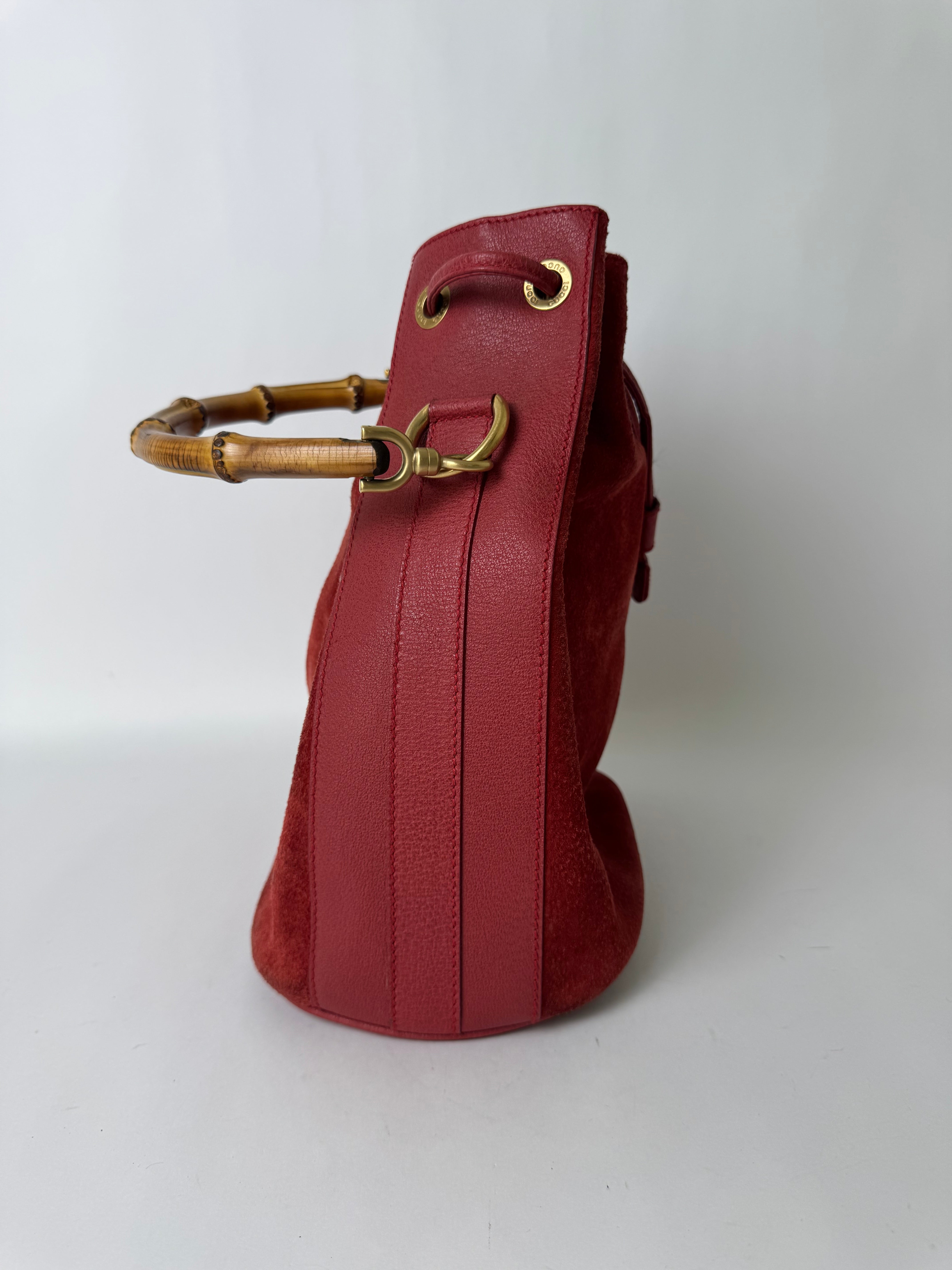 Gucci Red Suede Bamboo Handle Bag
