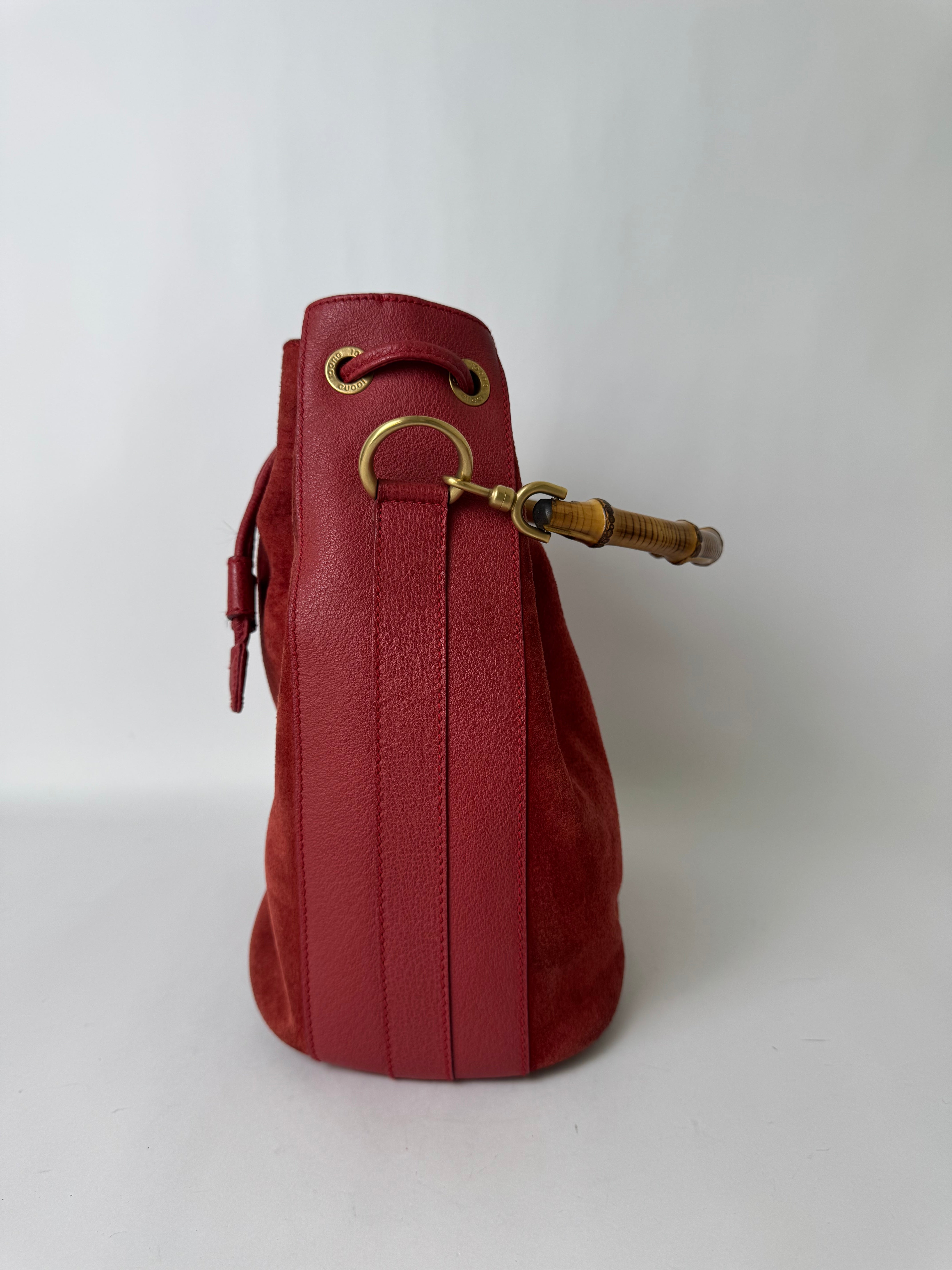 Gucci Red Suede Bamboo Handle Bag