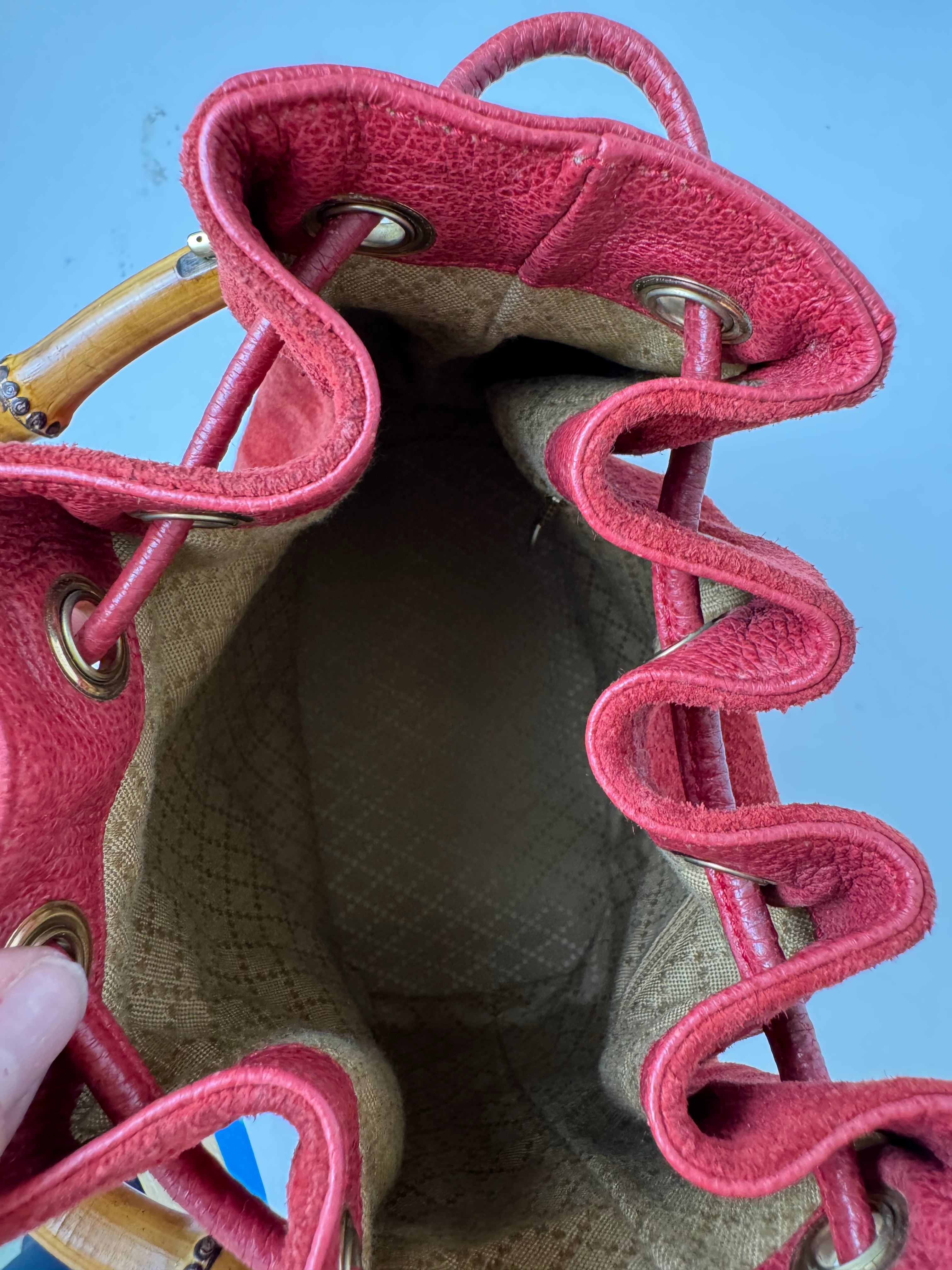 Gucci Red Suede Bamboo Handle Bag