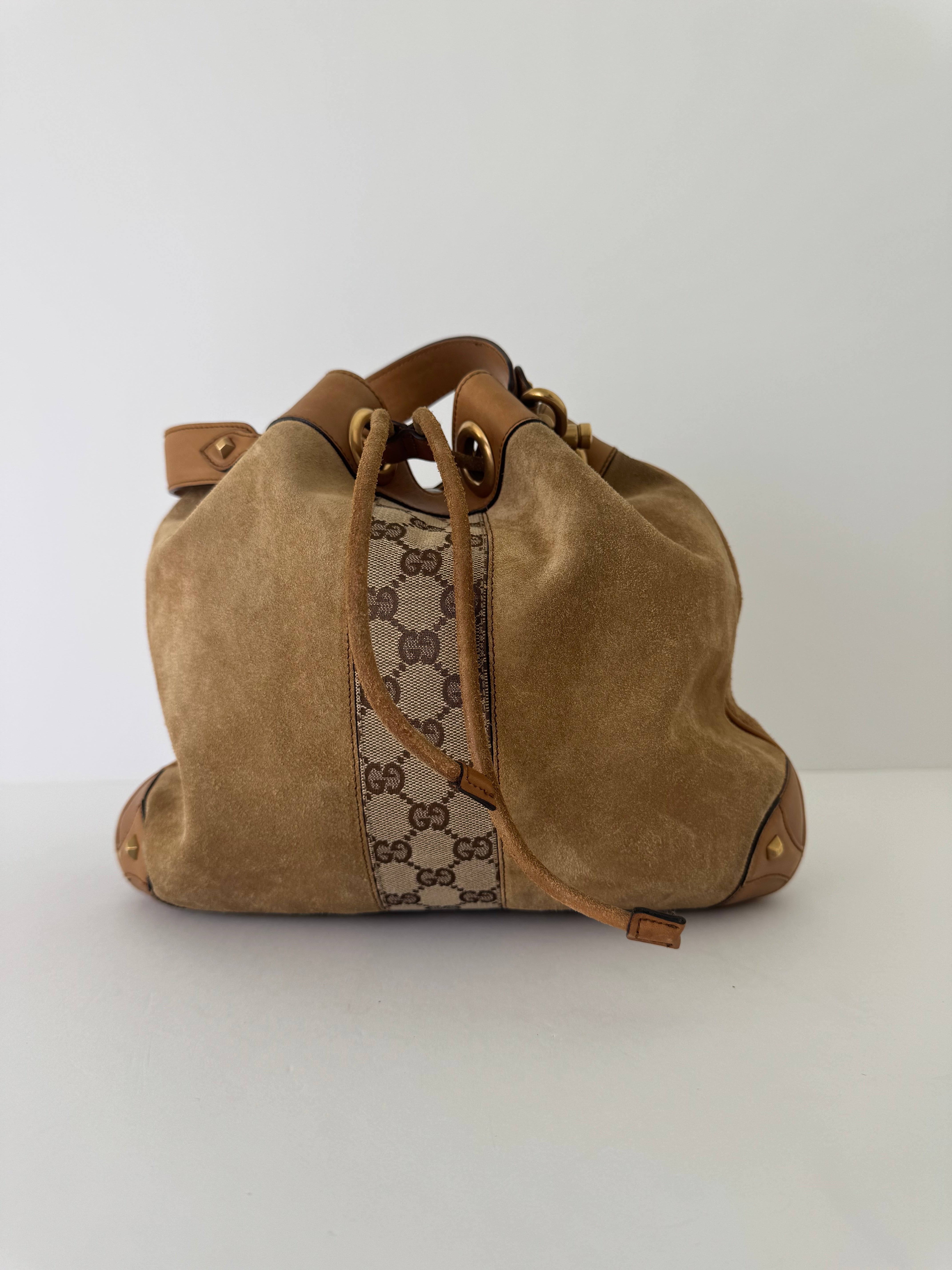 Gucci Brown Suede Logo Bucket Bag
