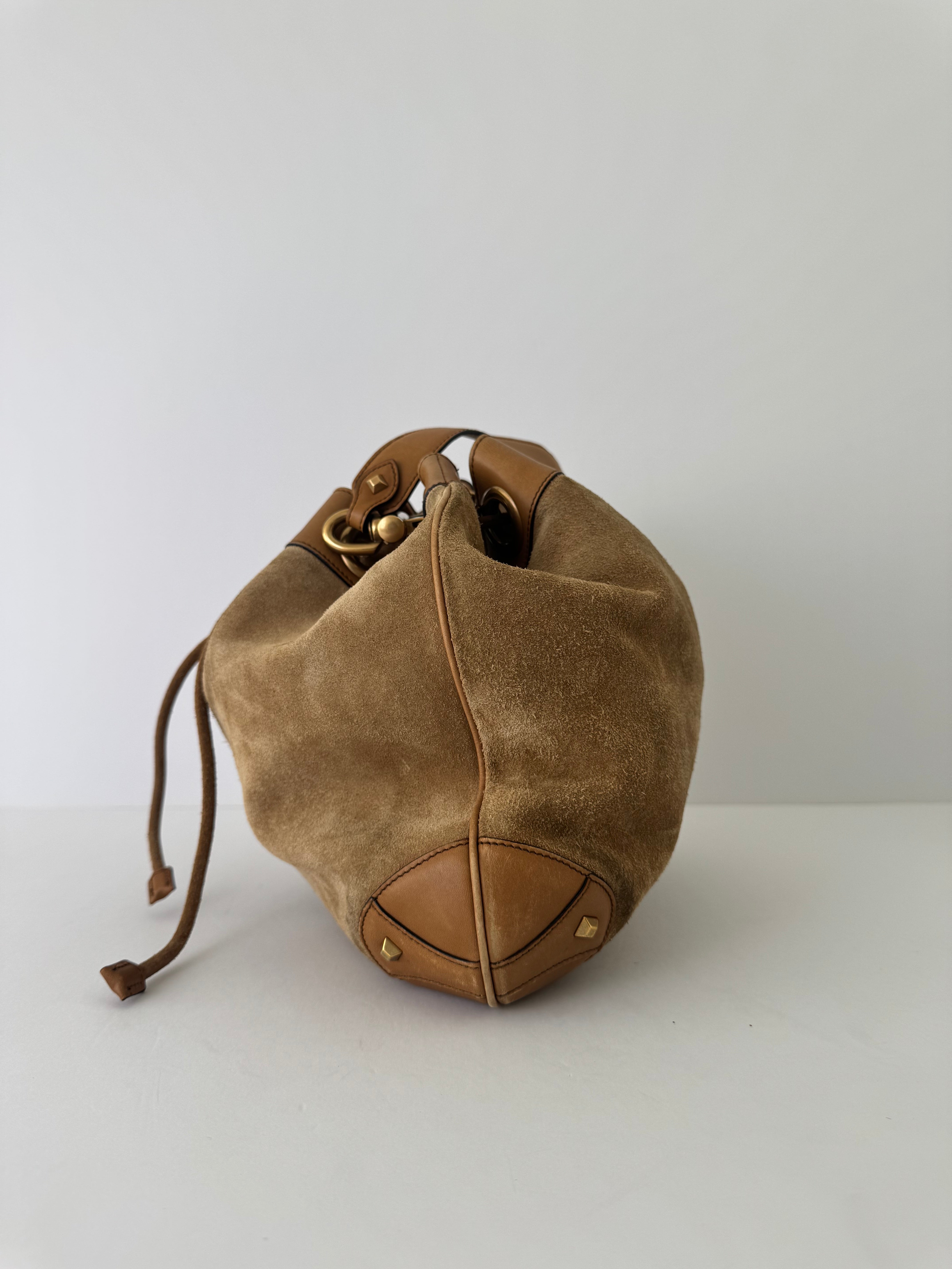 Gucci Brown Suede Logo Bucket Bag