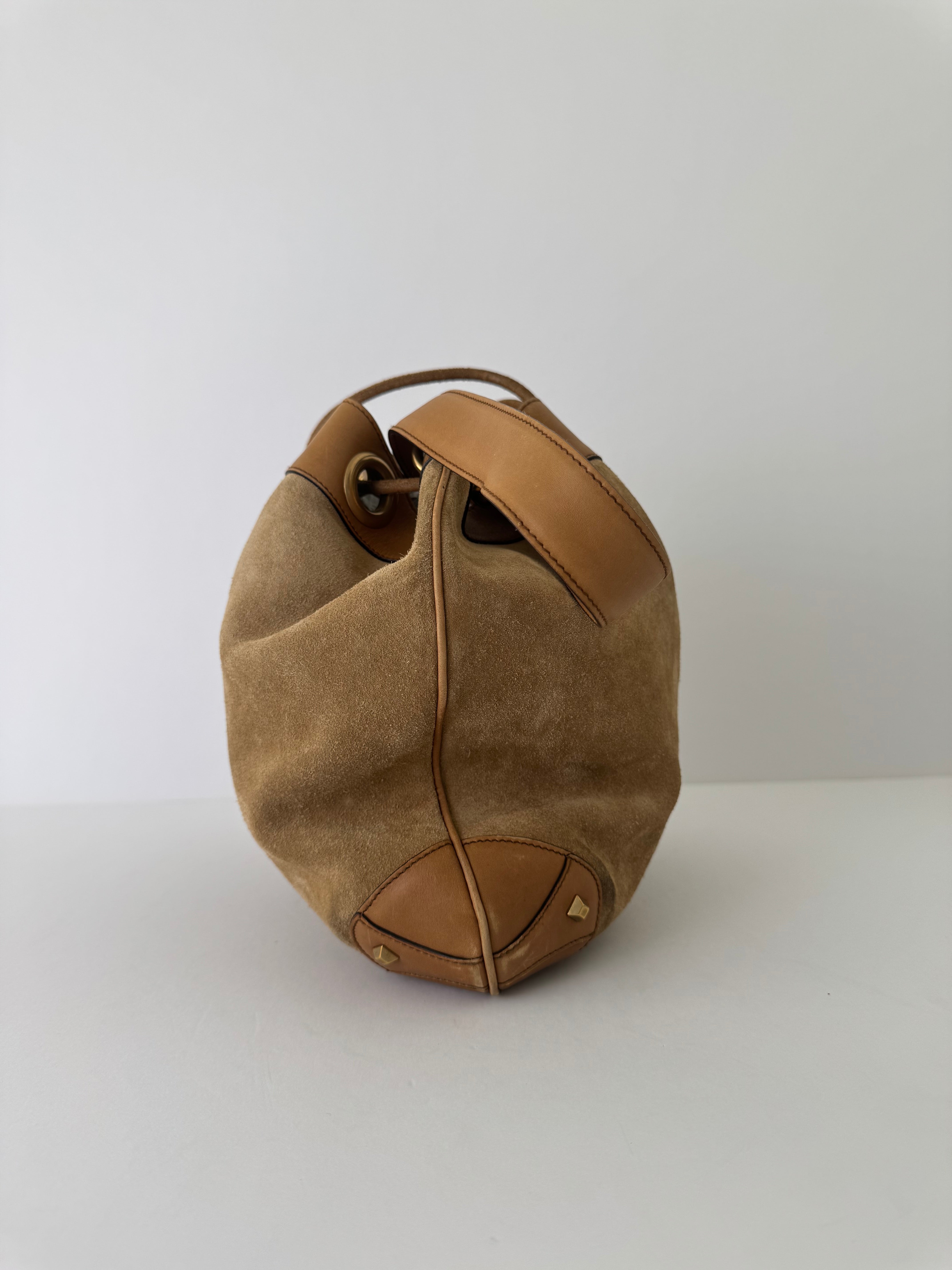 Gucci Brown Suede Logo Bucket Bag
