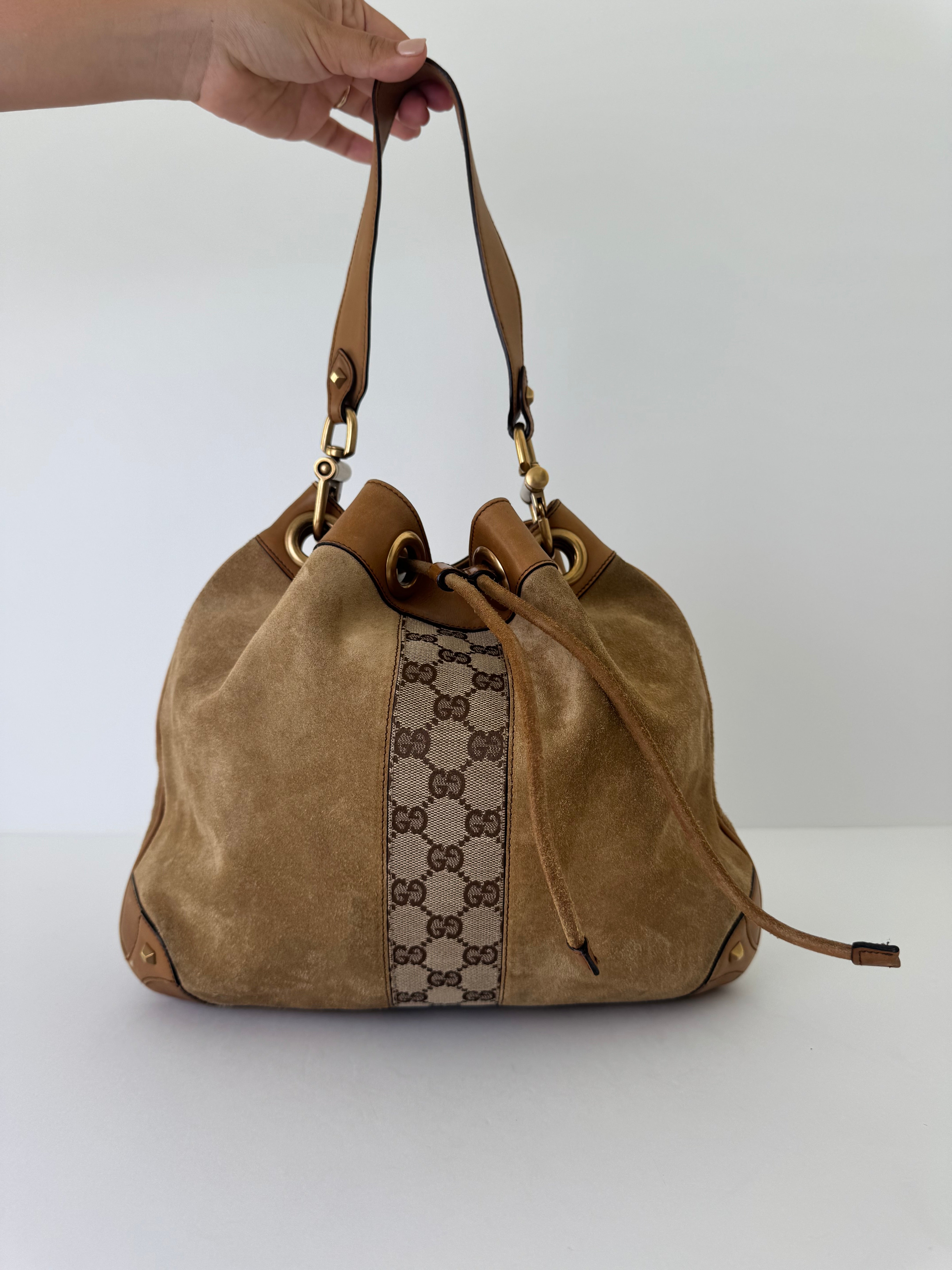 Gucci Brown Suede Logo Bucket Bag
