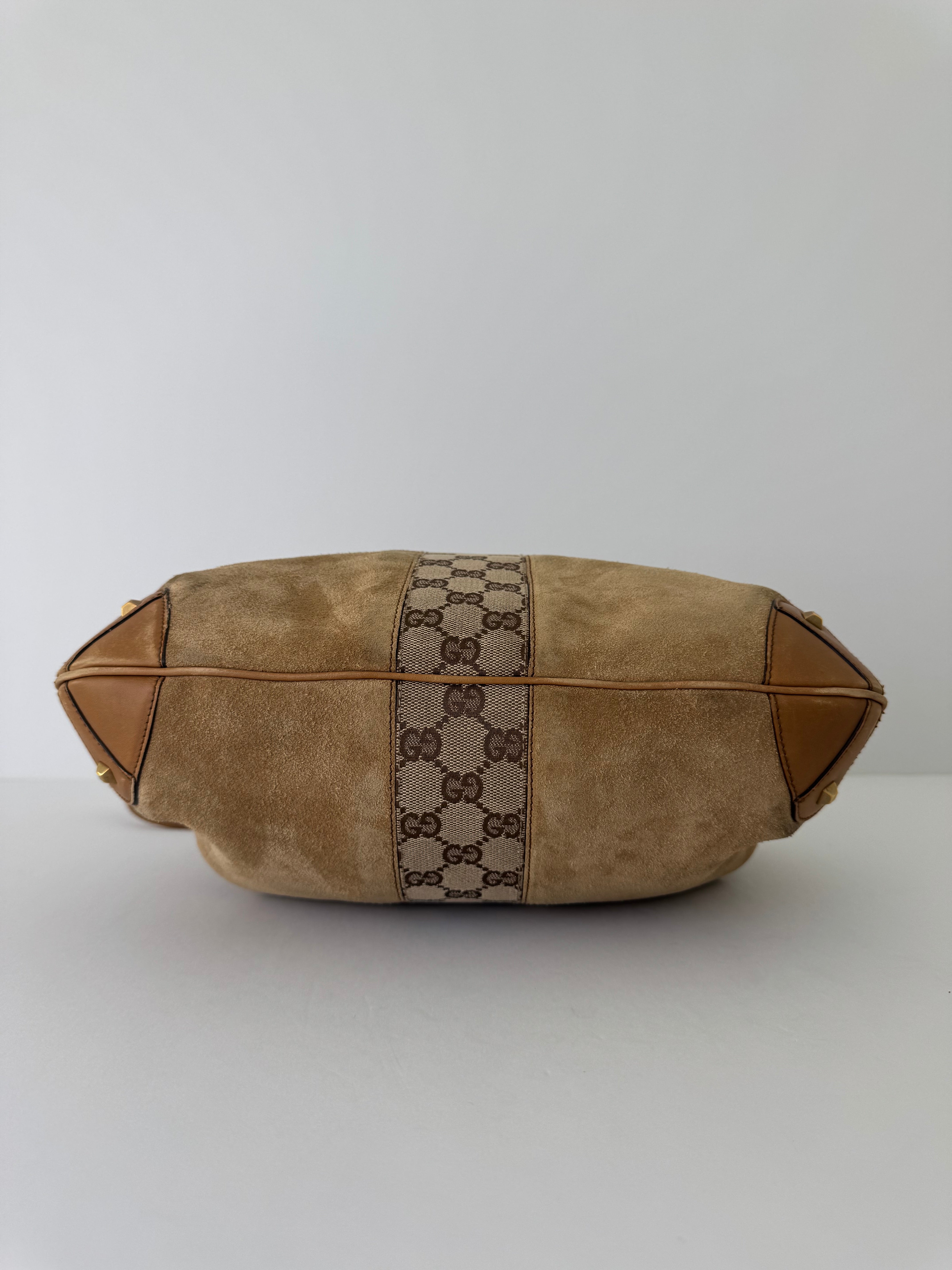 Gucci Brown Suede Logo Bucket Bag