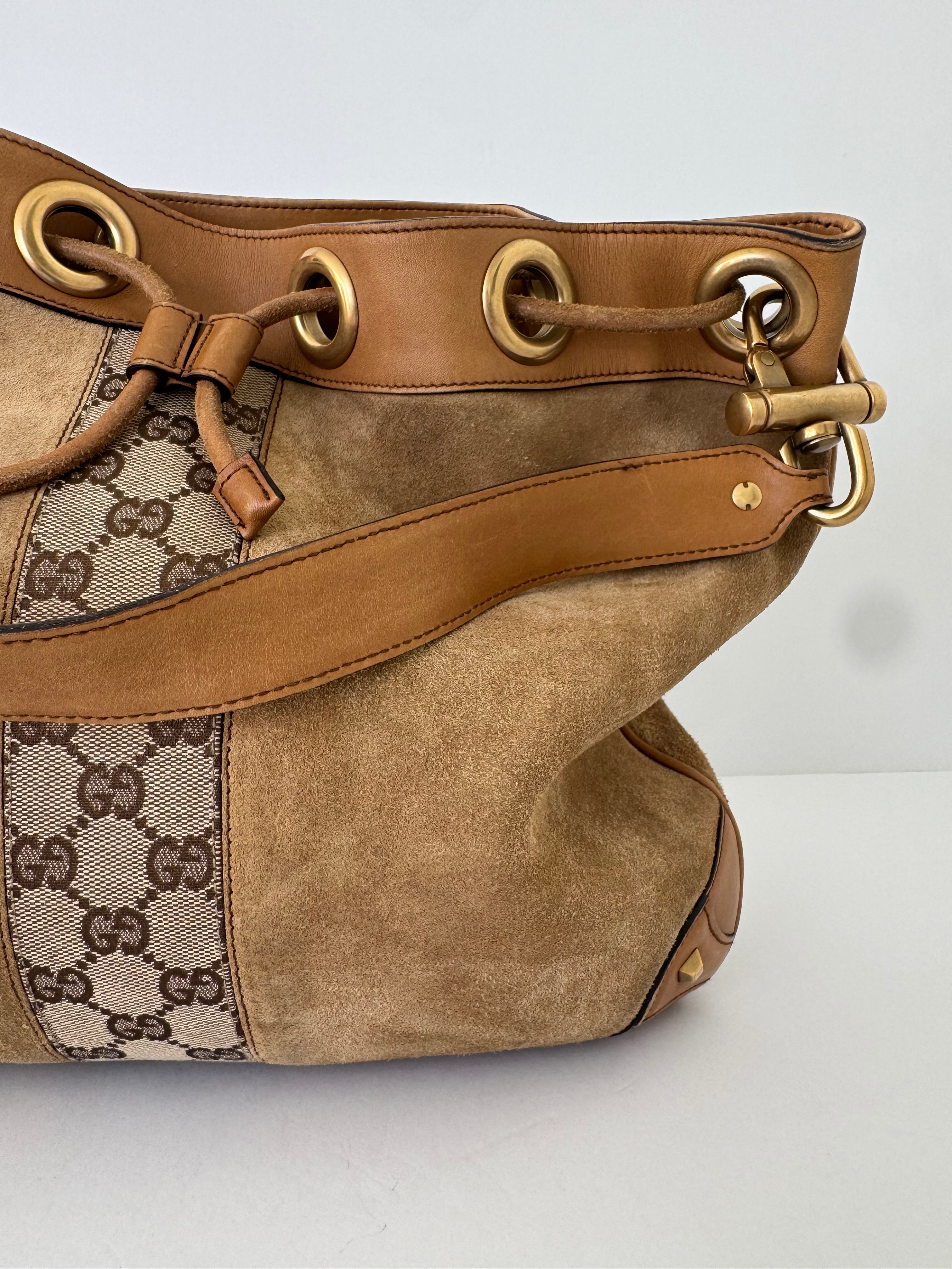 Gucci Brown Suede Logo Bucket Bag