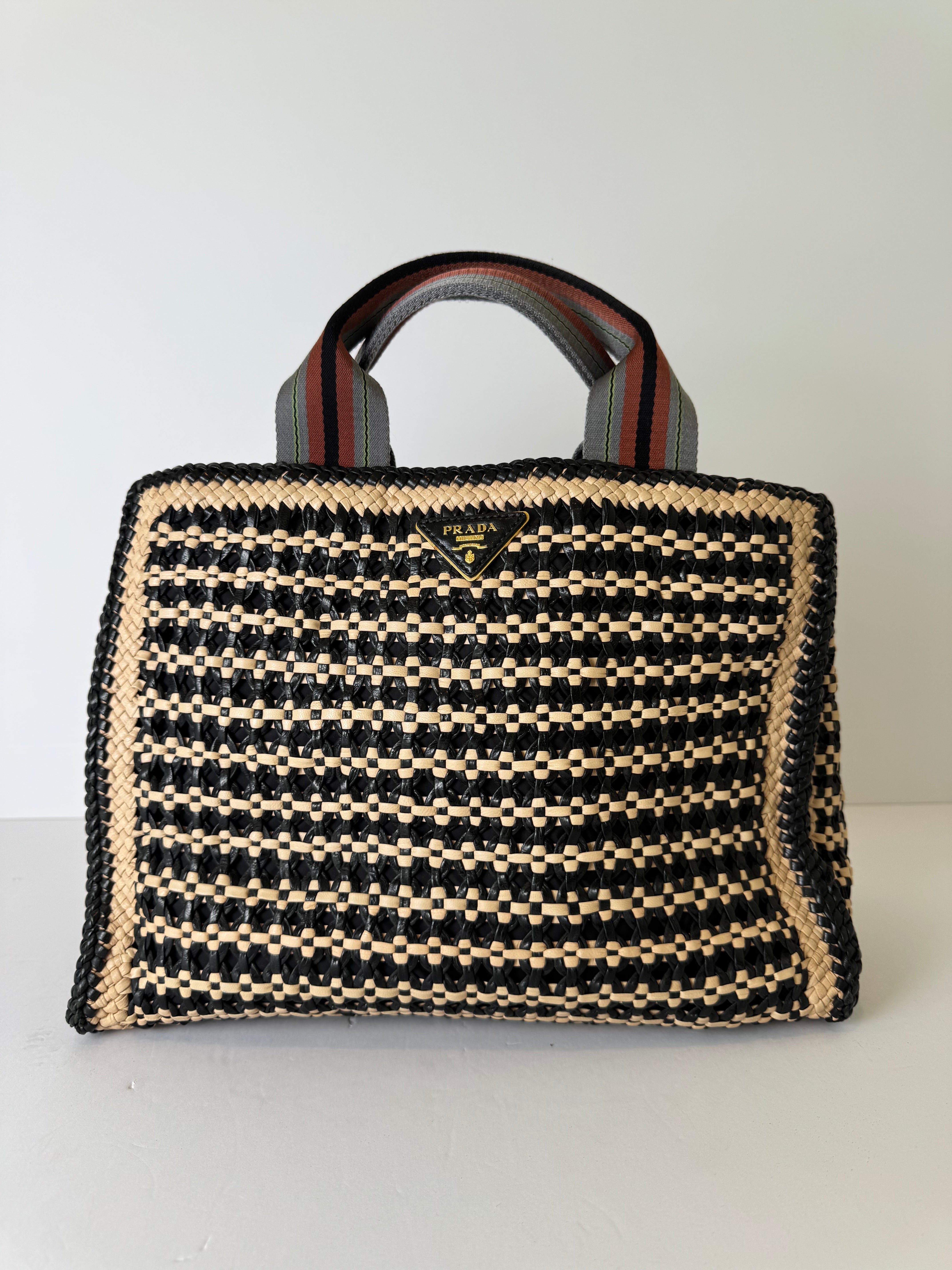 Prada Woven Raffia Leather Madras Tote