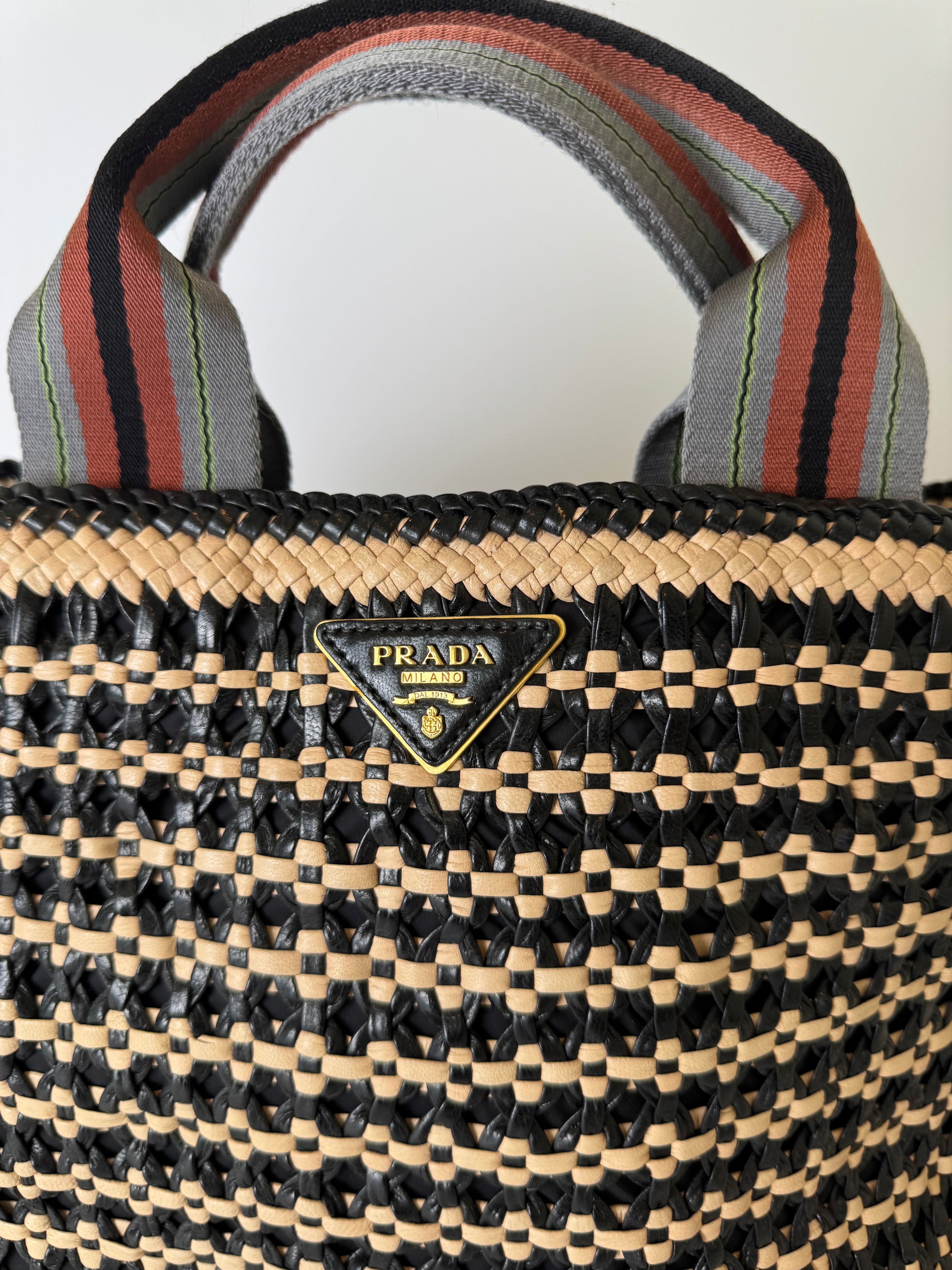 Prada Woven Raffia Leather Madras Tote