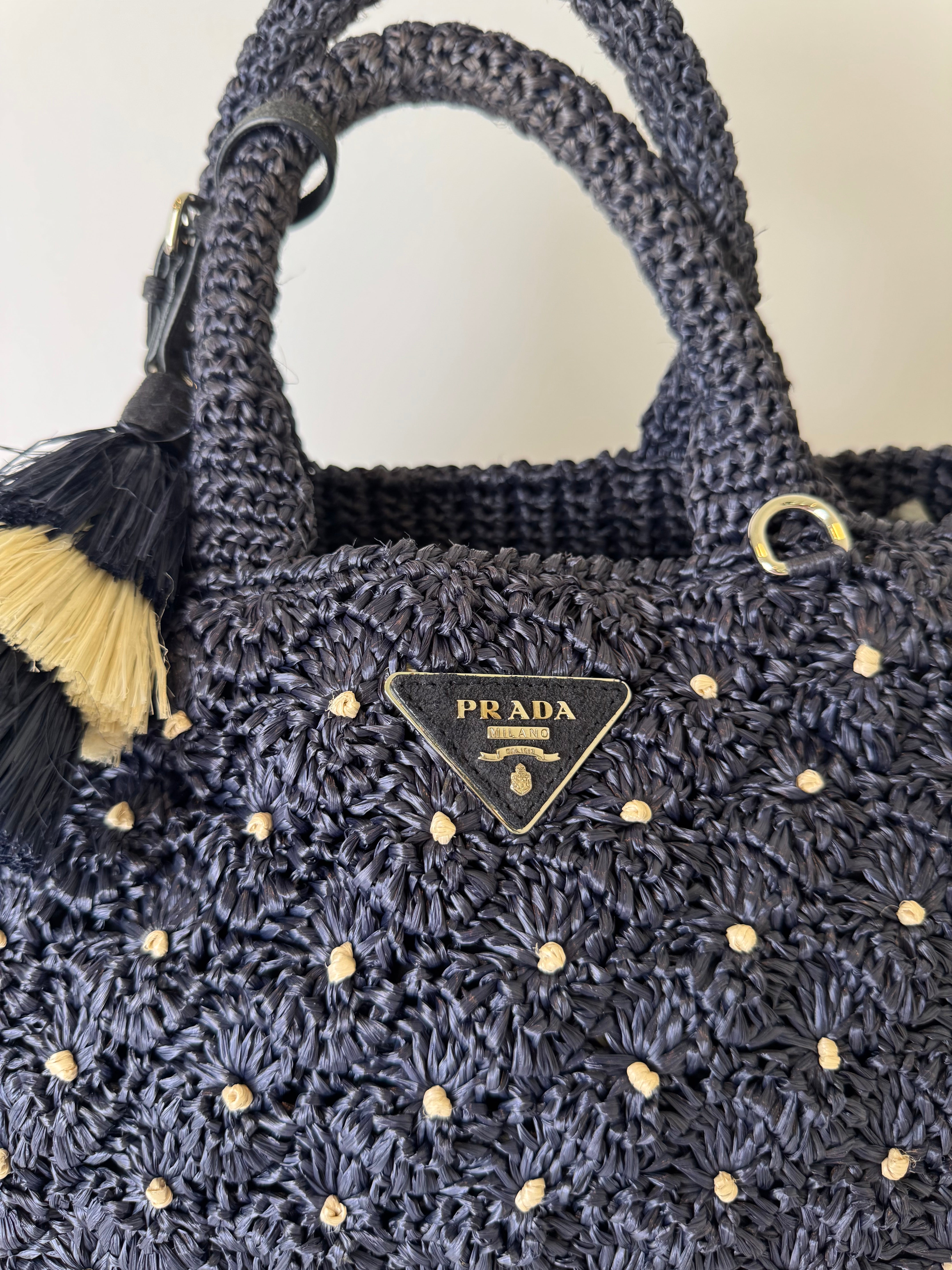 Prada Canapa Raffia Crochet Tote Bag