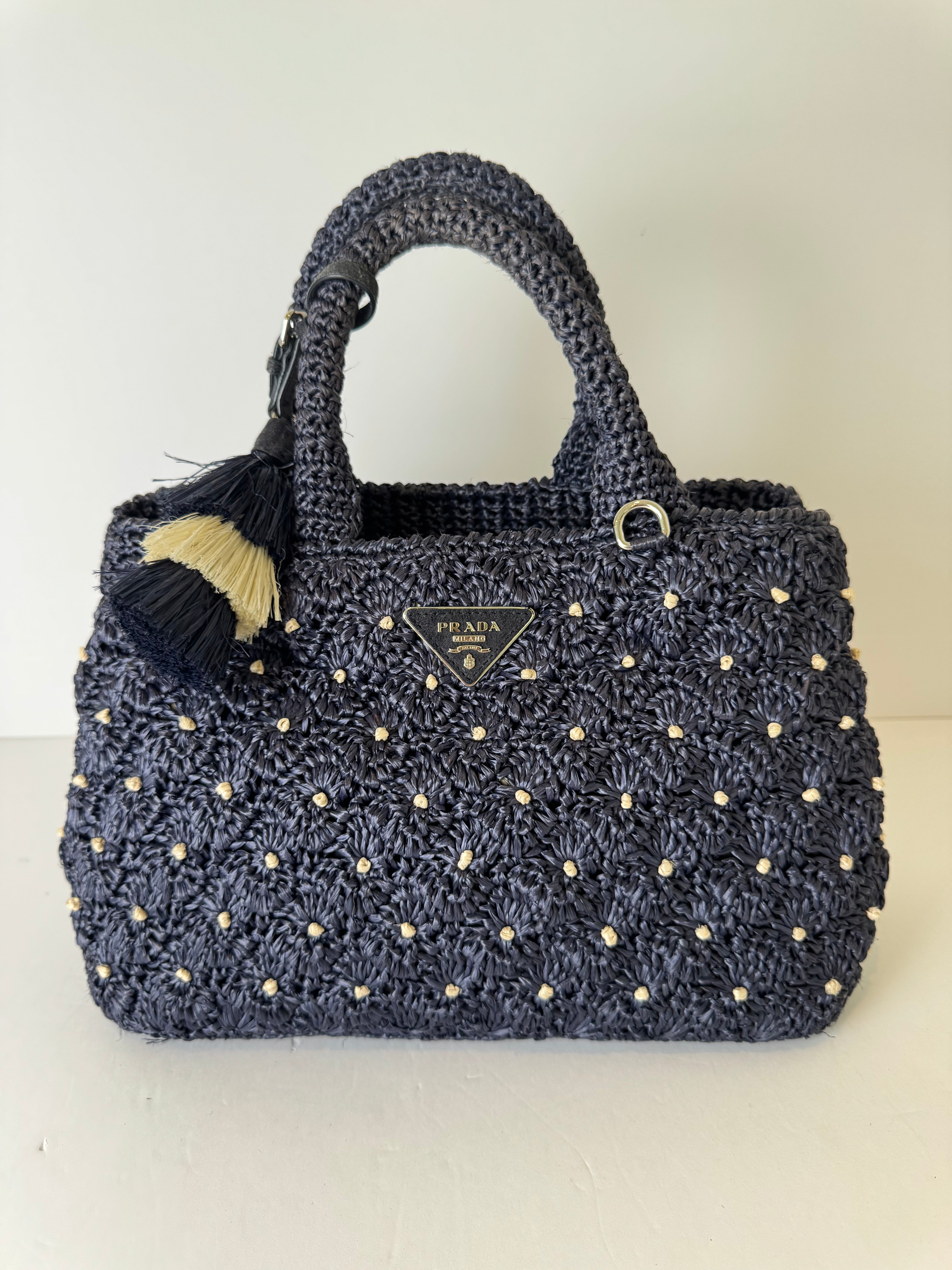 Prada Canapa Raffia Crochet Tote Bag