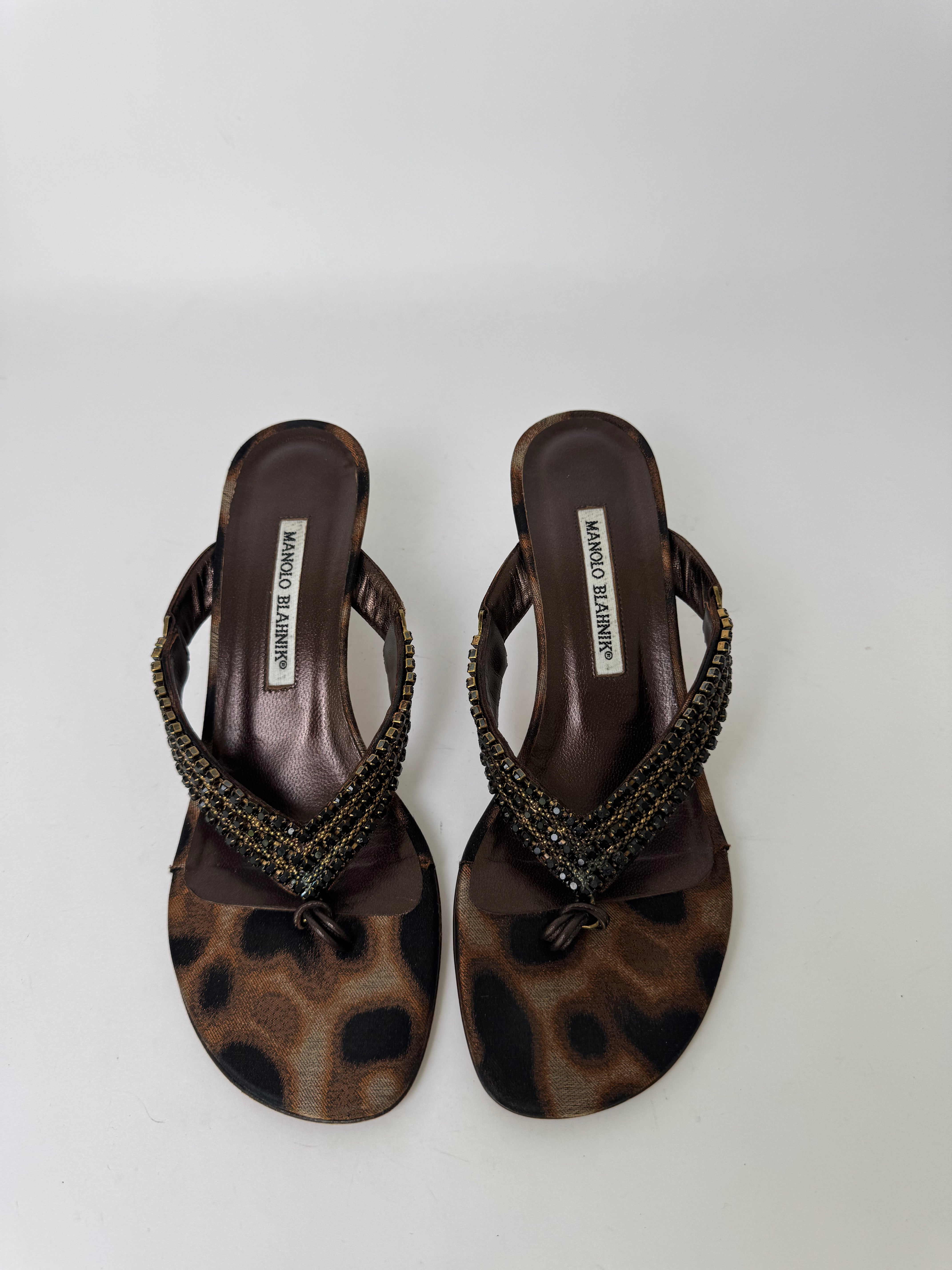 Manolo Blahnik Leopard Beaded Sandals 38
