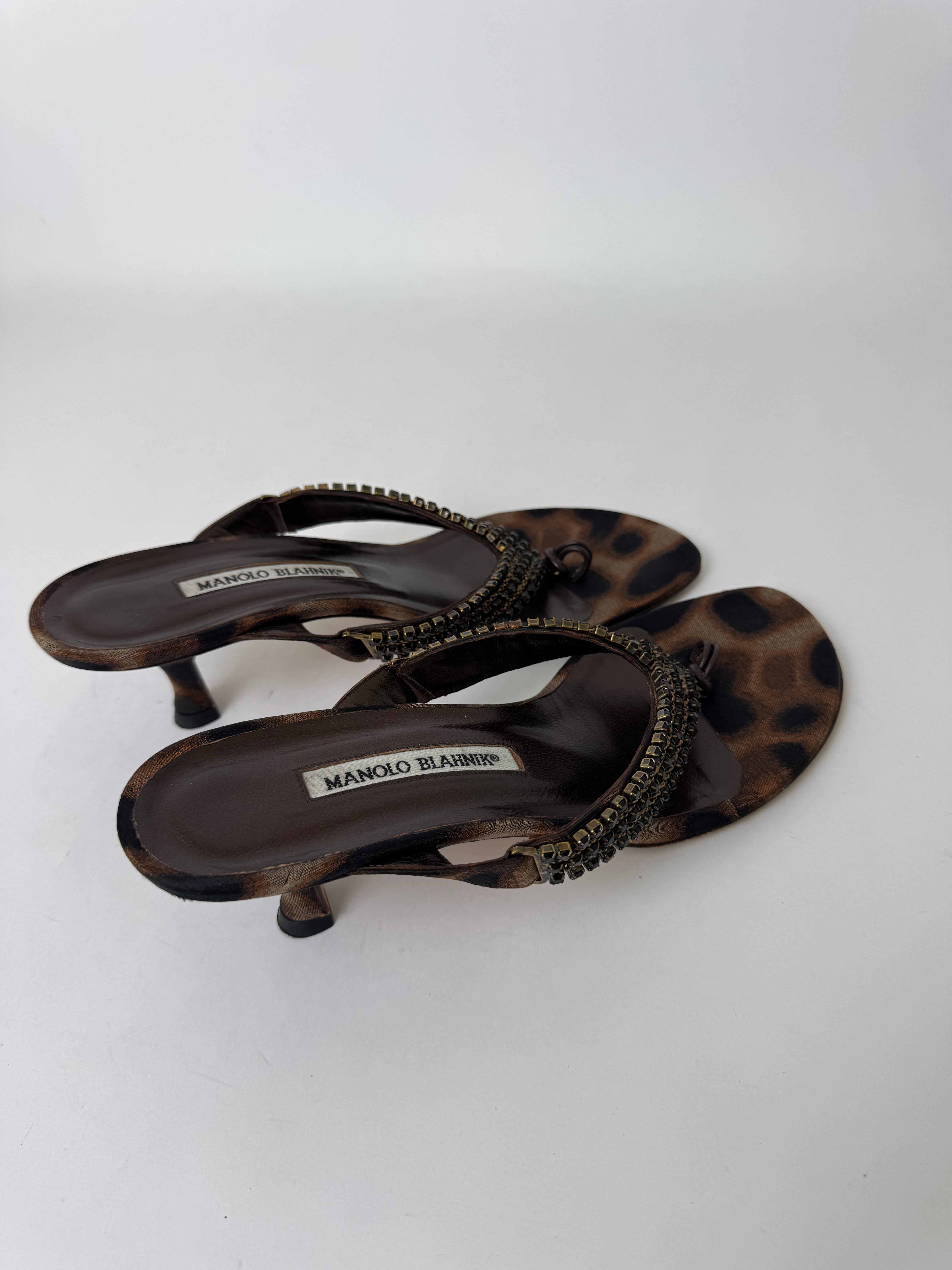 Manolo Blahnik Leopard Beaded Sandals 38