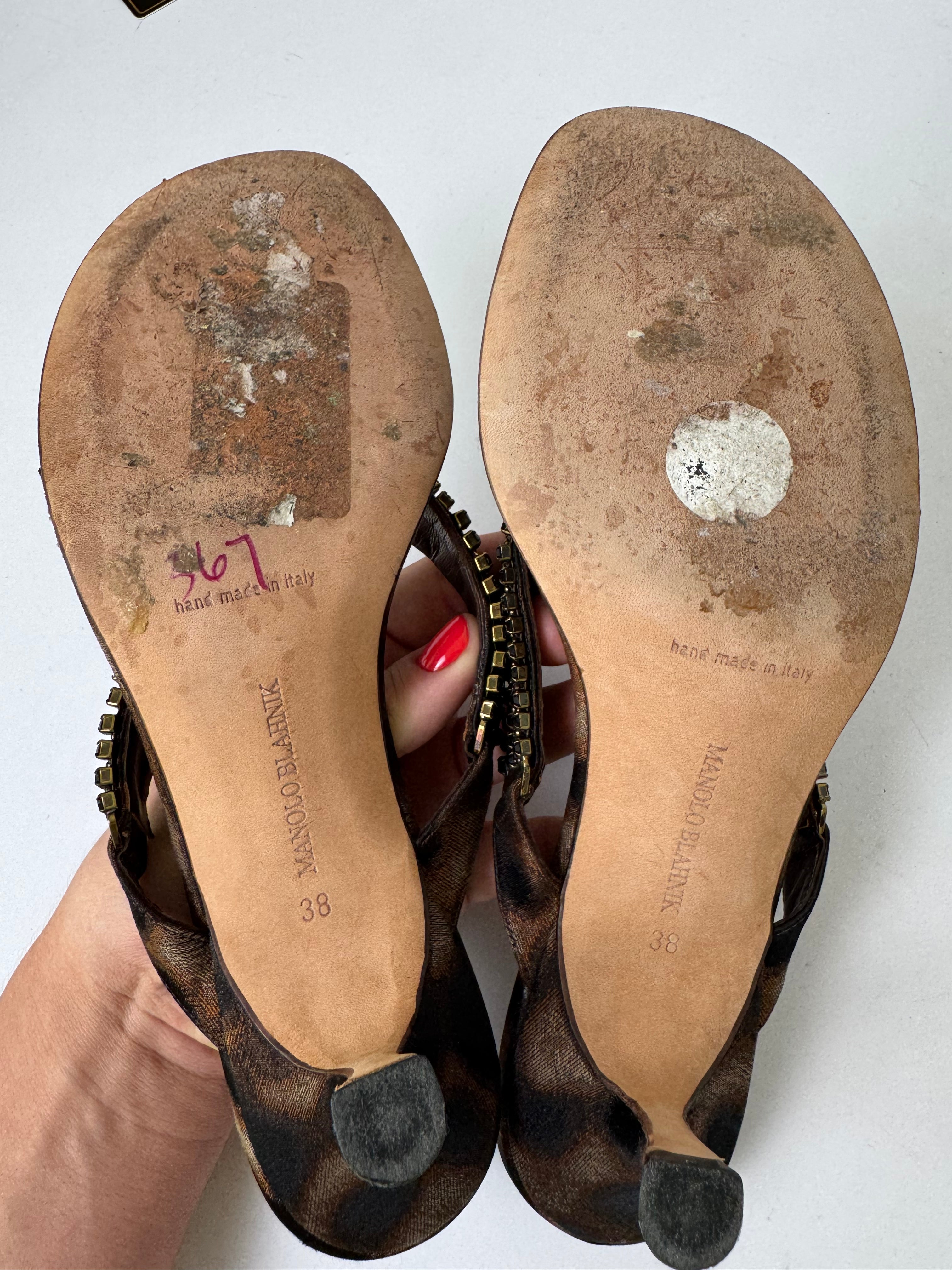 Manolo Blahnik Leopard Beaded Sandals 38