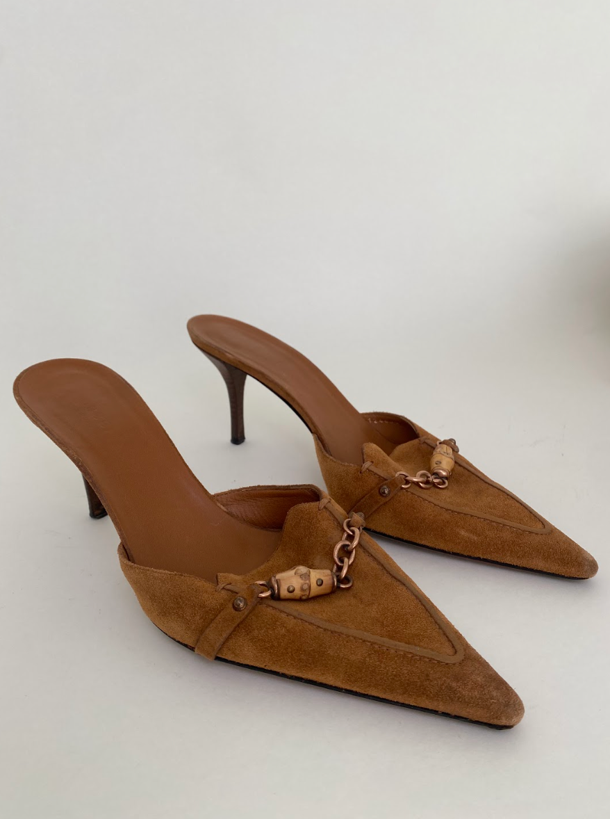 Gucci Brown Suede Bamboo Mules 40.5