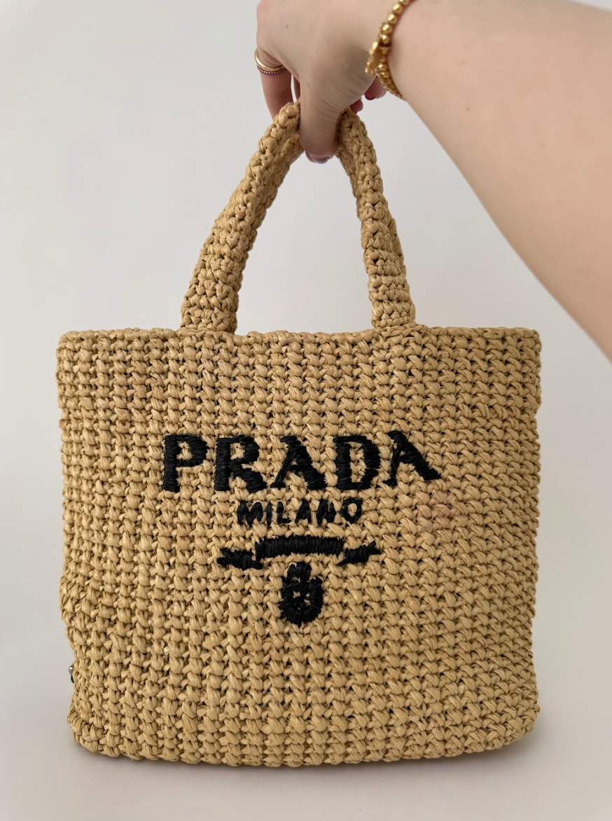 Prada Raffia Crochet Neutral Straw Tote Bag