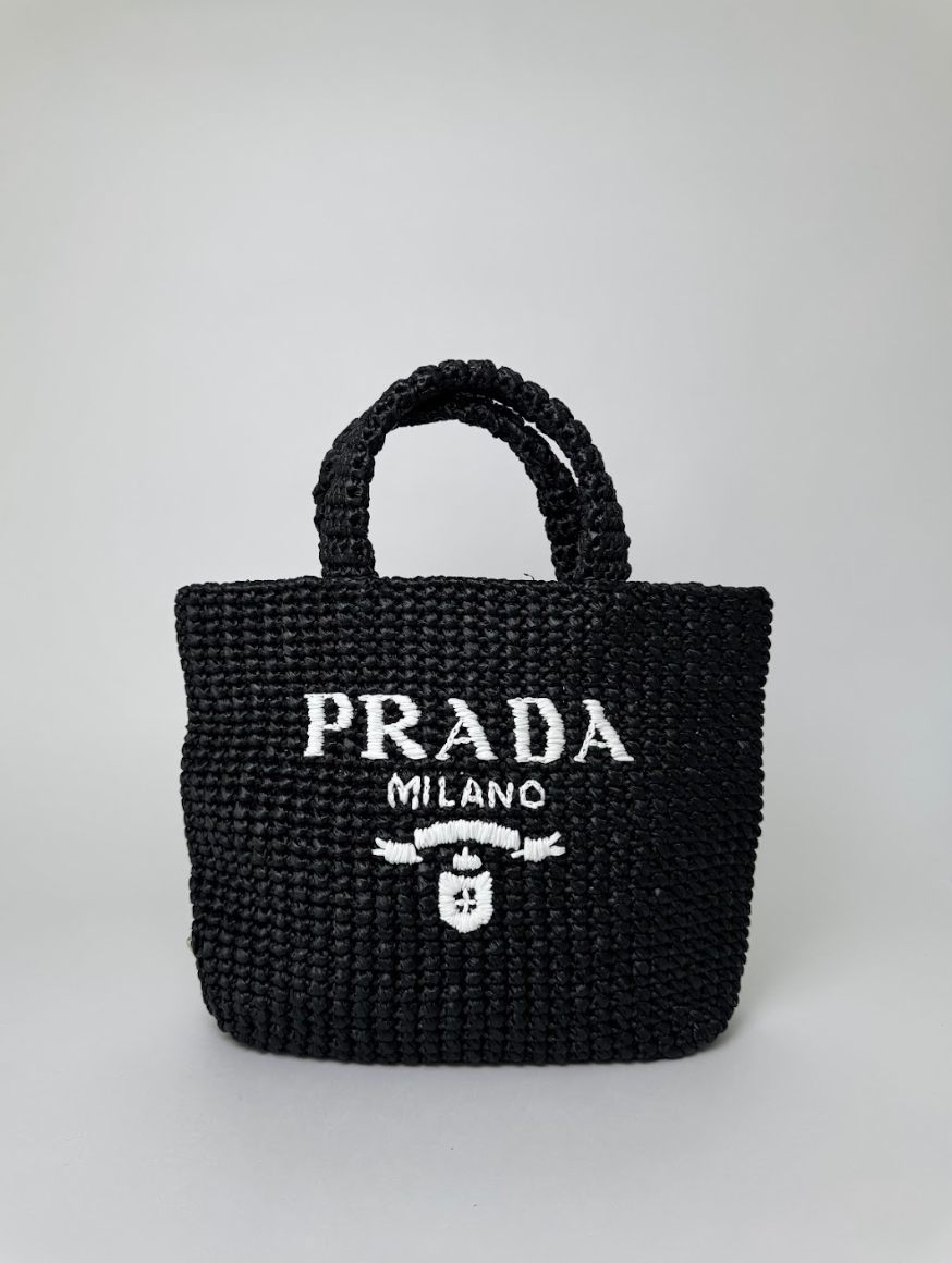 Prada Raffia Crochet Black Straw Tote Bag