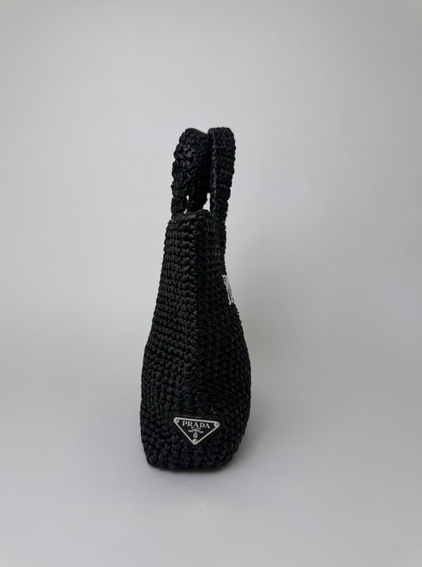 Prada Raffia Crochet Black Straw Tote Bag