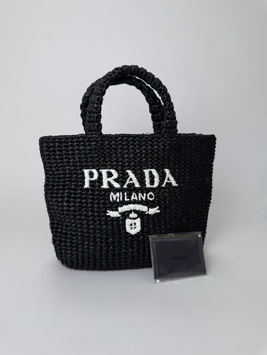 Prada Raffia Crochet Black Straw Tote Bag