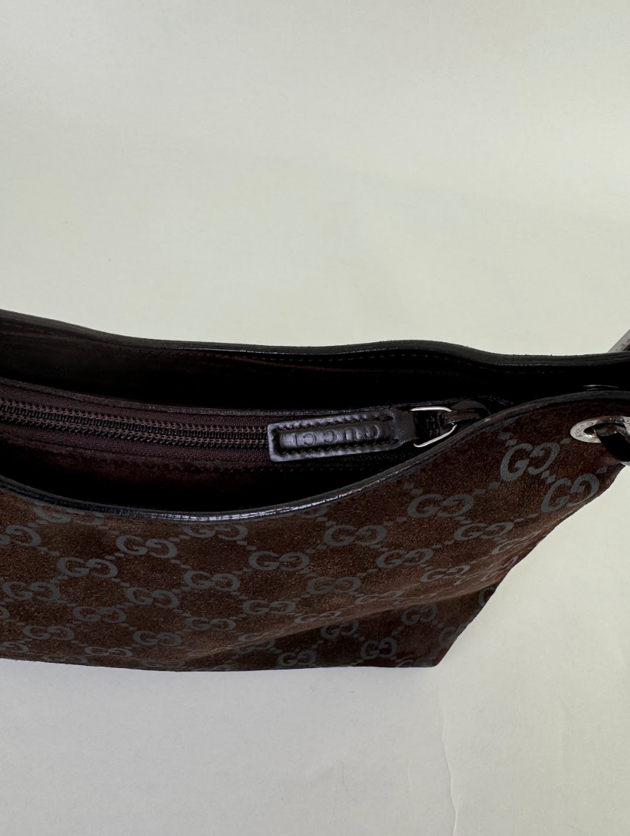 Gucci GG Monogram Brown Suede Handbag